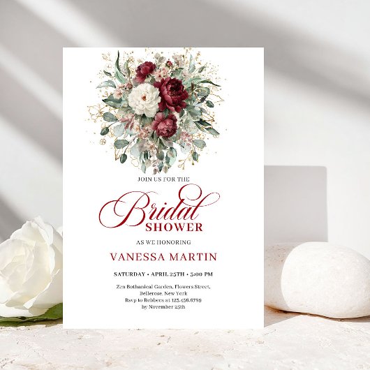 Elegant Boho Burgundy & White Floral Bridal Shower Kaart