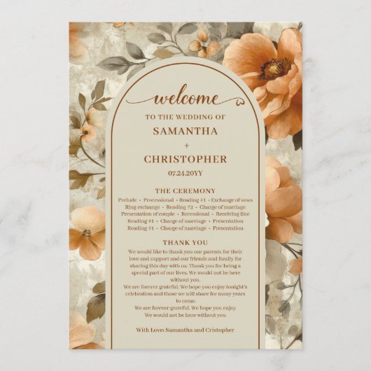 Elegant Boho Burnt Orange Ivory Sage Wedding Day Programmakaart (Voorkant)