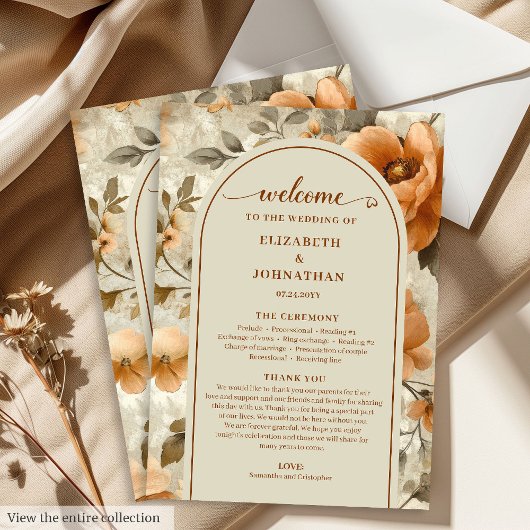 Elegant Boho Burnt Orange Ivory Sage Wedding Day Programmakaart