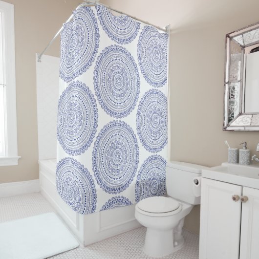 Elegant Boho Chic Navy Blue Waterverf Pattern Douchegordijn (In situ)