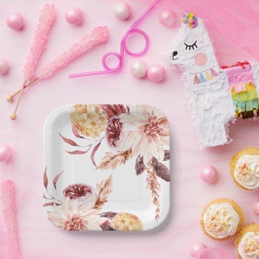 Elegant Boho Chic Waterverf Floral Vrijgezellenfee Papieren Bordje (Feest)