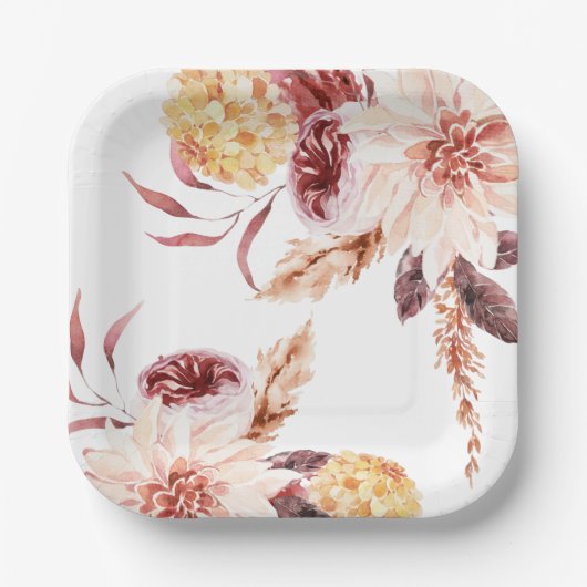 Elegant Boho Chic Waterverf Floral Vrijgezellenfee Papieren Bordje (Voorkant)