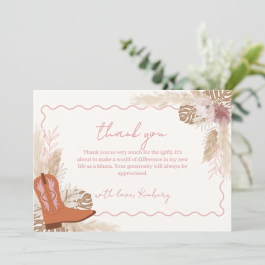 Elegant Boho Cowgirl Boots Pampas Baby shower Bedankkaart (Staand voorkant)