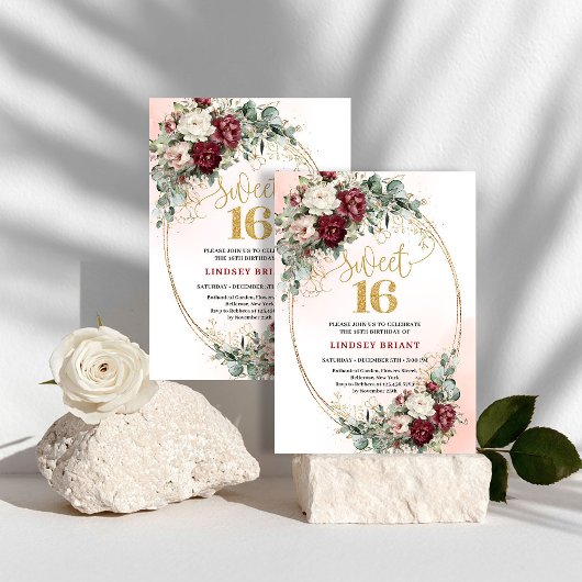 Elegant Boho Deep Red Peonies Sweet Sixteen Invite Kaart