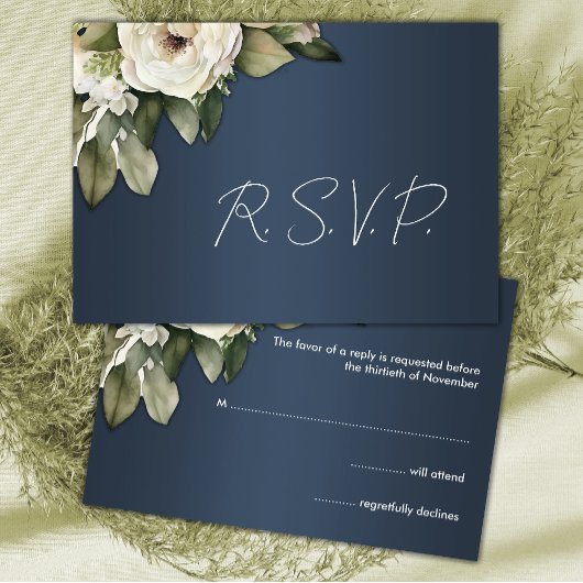 Elegant Boho Dusty Blue en Rozen bruiloft RSVP Kaartje