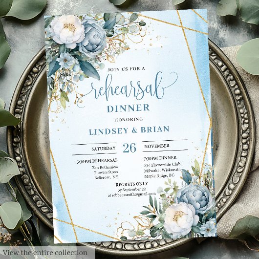 Elegant Boho Dusty Blue Eucalyptus Gold Rehearsal  Kaart