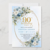 Elegant Boho Dusty Blue Floral Gold 90th Birthday Kaart (Voorkant)
