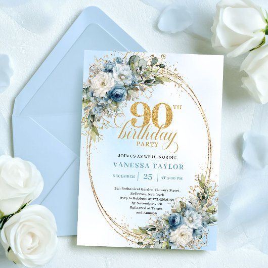 Elegant Boho Dusty Blue Floral Gold 90th Birthday Kaart