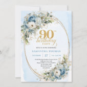 Elegant Boho Dusty Blue Floral Gold 90th Birthday Kaart (Voorkant)