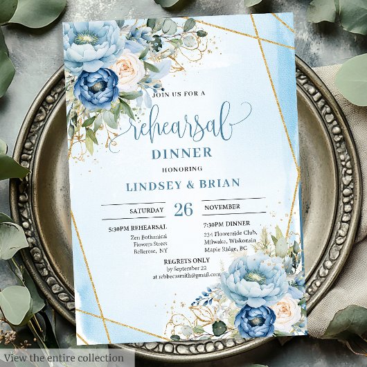 Elegant Boho Dusty Blue Floral Gold Rehearsal Kaart