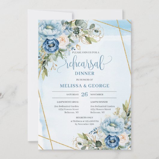 Elegant Boho Dusty Blue Floral Gold Rehearsal Kaart (Voorkant)