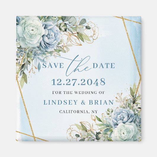 Elegant Boho Dusty Blue Floral Gold Save The Date Magneet (Voorkant)