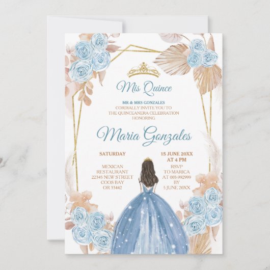 Elegant Boho Dusty Blue Floral Princess Sweet 15th Kaart (Voorkant)