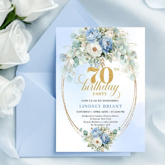 Elegant Boho Dusty Blue Flowers Gold 70th Birthday Kaart