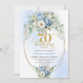 Elegant Boho Dusty Blue Flowers Gold 70th Birthday Kaart (Voorkant)