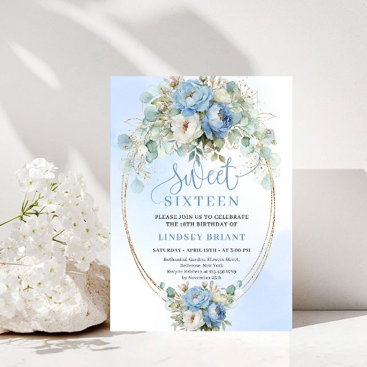 Elegant Boho Dusty Blue Peonies Sweet Sixteen Kaart