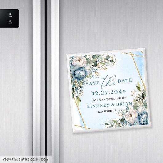 Elegant Boho Dusty Blue Peony Floral Save the Date Magneet
