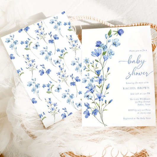 Elegant Boho Dusty Blue Wildflower Baby shower Kaart