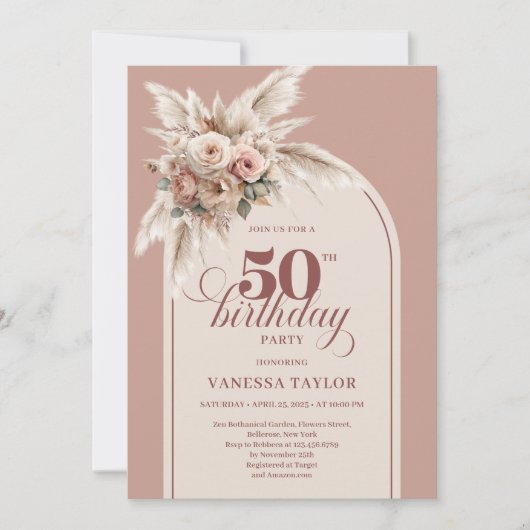 Elegant Boho Dusty Pink Pampas Floral 50 Birthday Kaart (Voorkant)