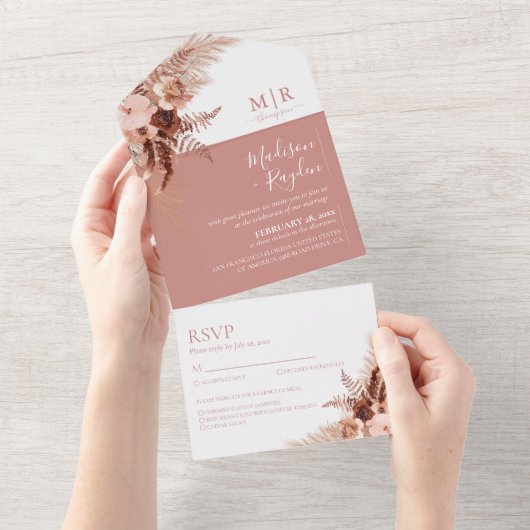 Elegant Boho Dusty Roos Pampas Wedding All In One Uitnodiging (Afscheurbaar)