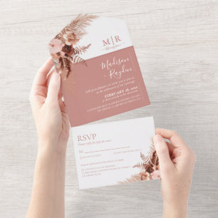 Elegant Boho Dusty Roos Pampas Wedding All In One Uitnodiging
