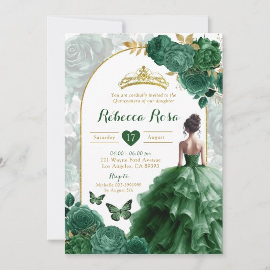 Elegant Boho Emerald Groen Bloemen Quinceañera Kaart (Voorkant)