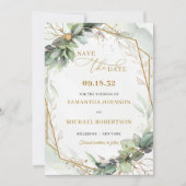 Elegant boho eucalyptus groen goud lijst save the date (Voorkant)
