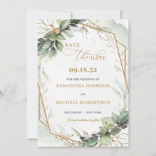 Elegant boho eucalyptus groen goud lijst save the date (Voorkant)