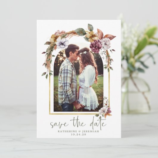 Elegant Boho Floral Arch Photo Save the Date (Staand voorkant)
