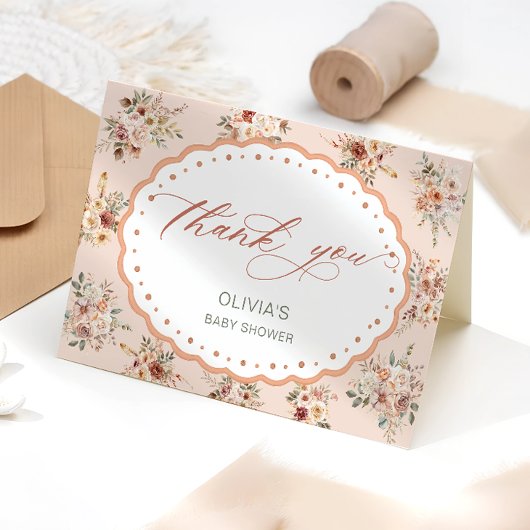 Elegant Boho Floral Baby shower Dank u kaart