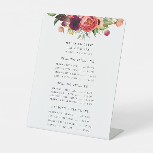 Elegant Boho Floral Business Service/Pricing Reclamebord Met Voetstuk (Voorkant)