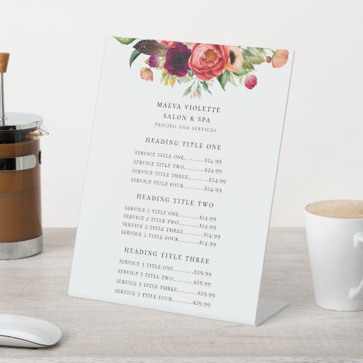 Elegant Boho Floral Business Service/Pricing Reclamebord Met Voetstuk (Insitu)