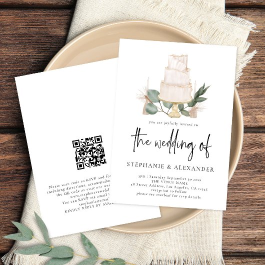 Elegant Boho Floral Cake QR Code Weddenschap Kaart