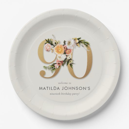 Elegant Boho Floral Gold Foil 90th Birthday Papieren Bordje (Voorkant)