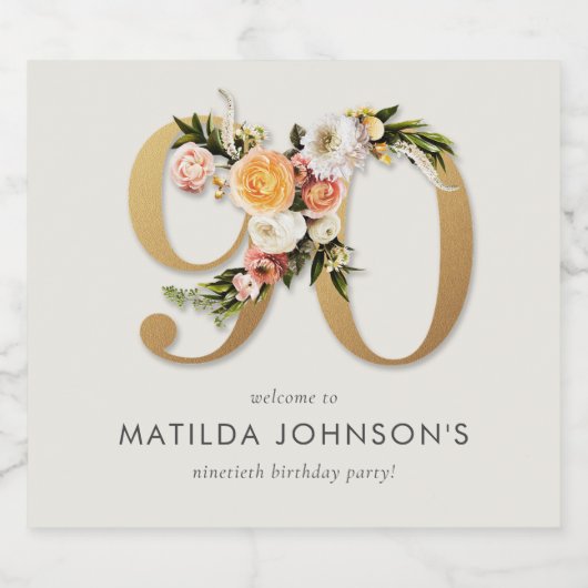 Elegant Boho Floral Gold Foil 90th Birthday Sparkling Wijnetiket (Enkel label)