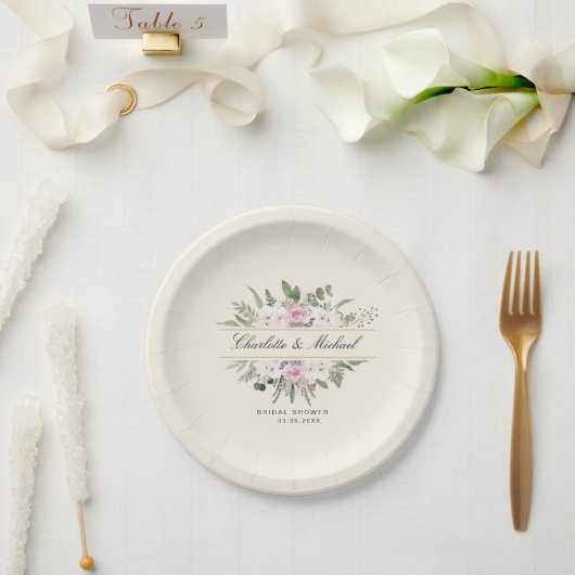 Elegant Boho Floral Monogram Vrijgezellenfeest Papieren Bordje (Huwelijk)