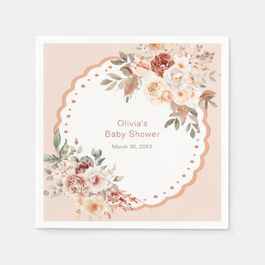Elegant Boho Floral Neutral Baby Shower Napkins Servet (Voorkant)