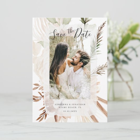 Elegant Boho Floral Pampas Foto Save The Date (Staand voorkant)