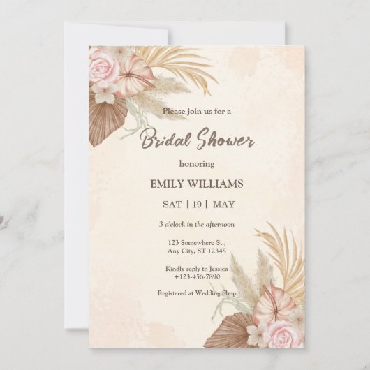 Elegant Boho Floral Pampas Grass Bridal Shower Kaart (Voorkant)