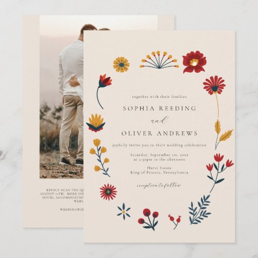 Elegant Boho Floral QR Code Foto bruiloft Kaart (Voorkant / Achterkant)