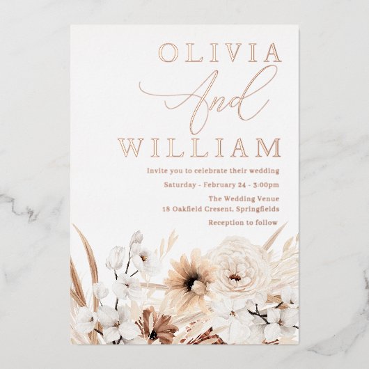 Elegant Boho Floral Roos Gold Wedding Folie Uitnodiging (Voorkant)