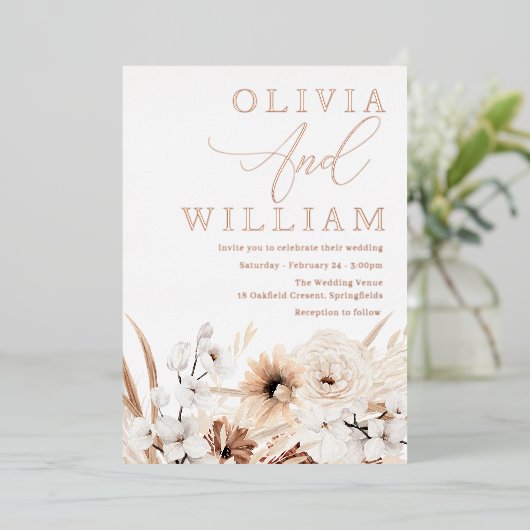 Elegant Boho Floral Roos Gold Wedding Folie Uitnodiging (Staand Voorkant)