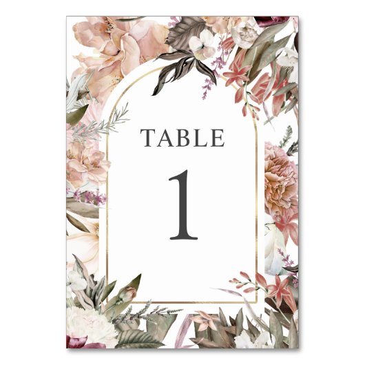 Elegant Boho Floral Table Number van de gekantelde Kaart (Voorkant)