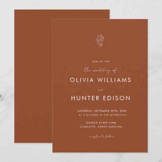 Elegant Boho Floral Terracotta Wedding Invitation Kaart (Voorkant / Achterkant)