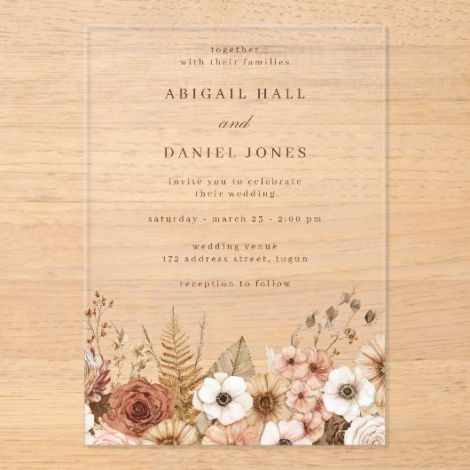 Elegant Boho Floral Wedding Acryl Uitnodigingen (Voorkant)