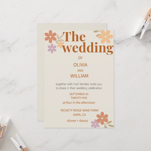 Elegant Boho Floral Wedding Invitation Kaart (Voorkant / Achterkant in situ)