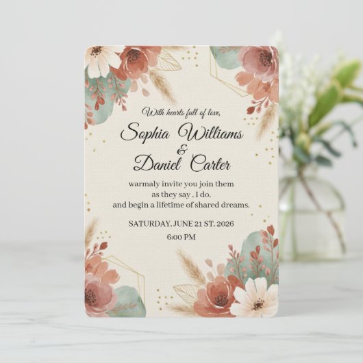 Elegant Boho Floral Wedding Invitation Kaart (Staand voorkant)