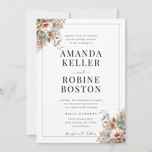 Elegant Boho Floral Wedding Invitation Kaart (Voorkant)