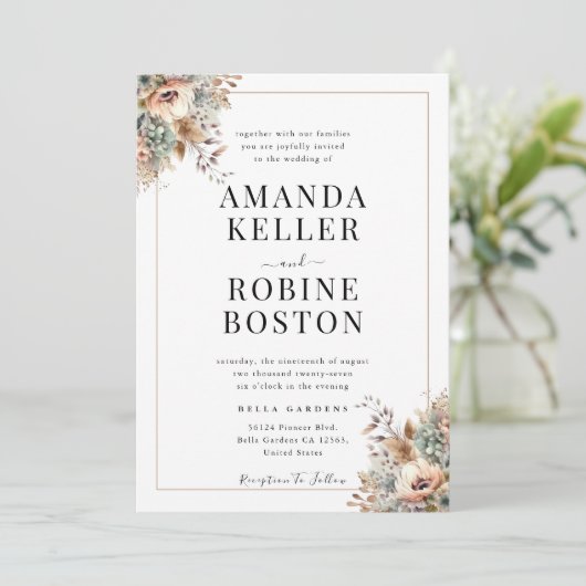 Elegant Boho Floral Wedding Invitation Kaart (Staand voorkant)