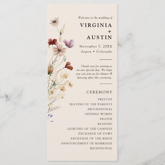 Elegant Boho Floral Wedding Programmakaart (Voorkant)